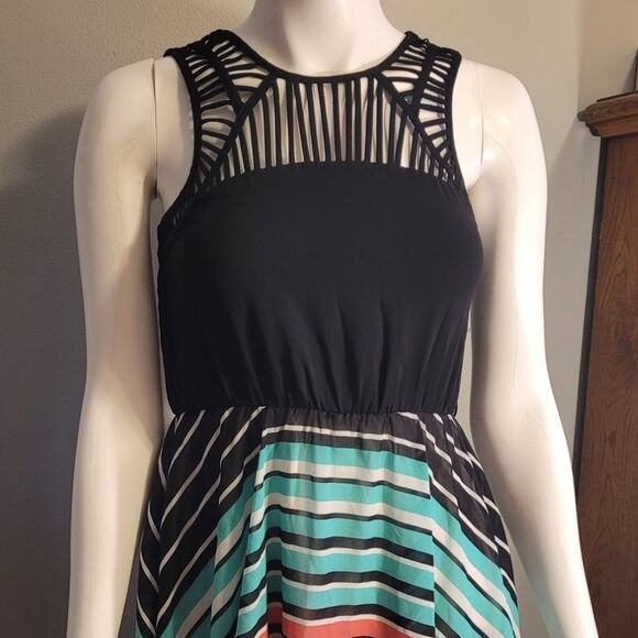 Candie’s Fit Flare XS Caged Neck Rainbow Stripe Dress Womens Graphic Skater Cute - Picture 2 of 10